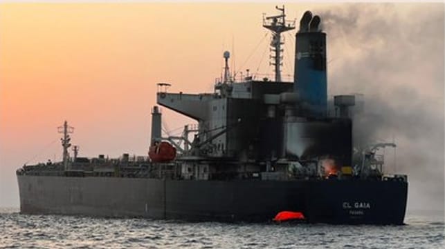 evacuation of burning tanker in Strait of Hormuz
