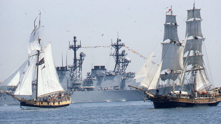 Tall ship Providence (left) during a call in Boston in 1980 (City of Boston Archives)