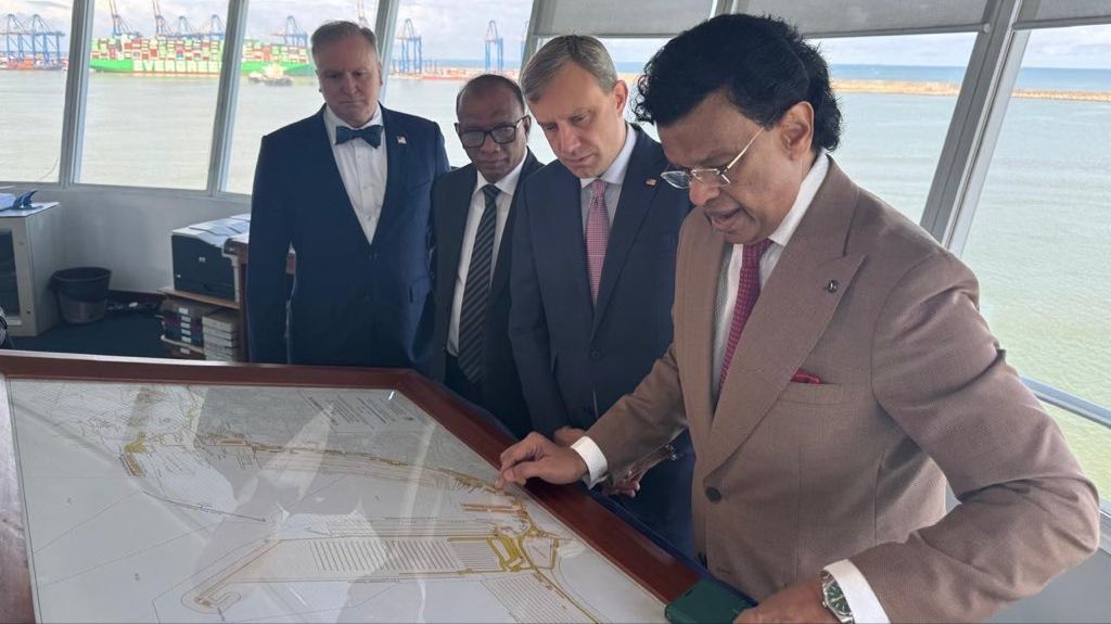 U.S. Ambassador to Sri Lanka Eric Meyer (second from right) joins a tour of the Port of Colombo (U.S. Embassy in Sri Lanka)