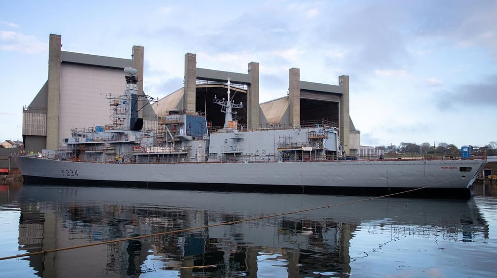 HMS Iron Duke towards the end of a 49-month refit, 2022. The vessel was de facto decommissioned after 16 months of additional operational service (Royal Navy)