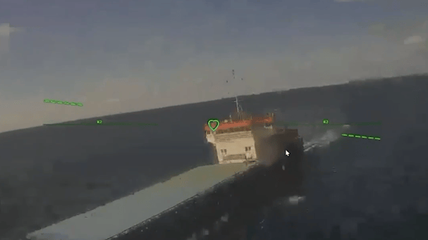 A Ukrainian drone strike on a Russia-linked bulker, Sept. 16 (USF)
