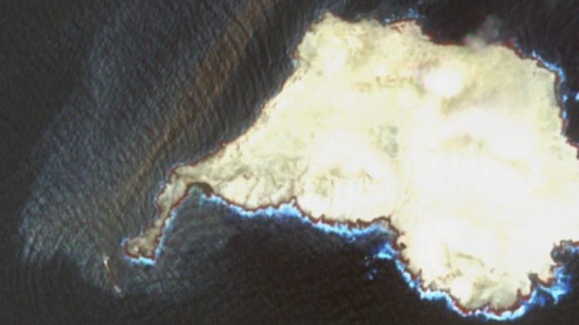 The Caroline Bezengi aground off Jazirat Al Qibliyyah on August 22, still leaking and apparently lying deeper in the water (Copernicus)