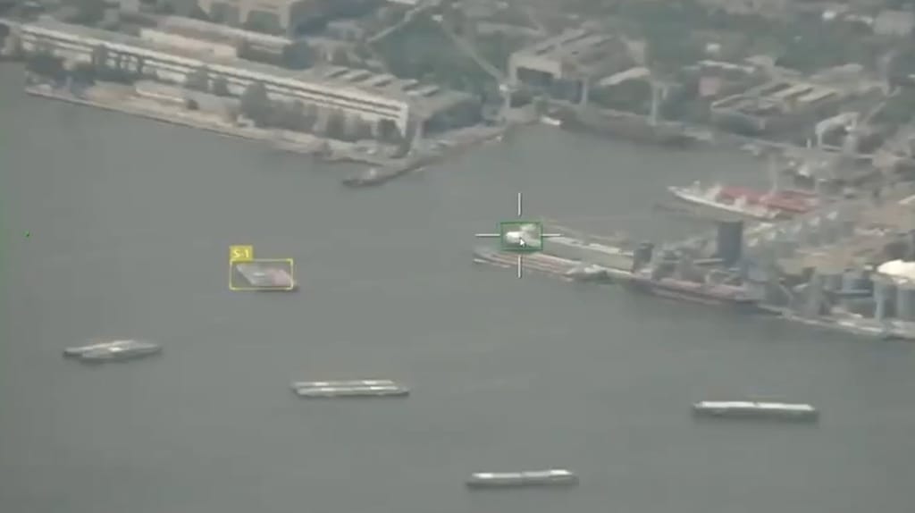 A Russian drone closes in on a Ukrainian port target (Russian MOD)