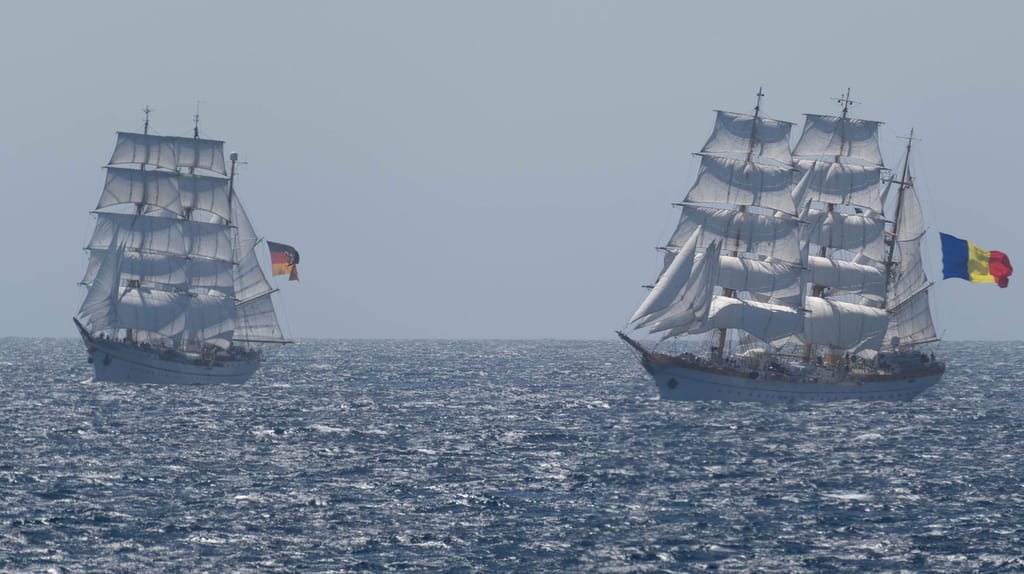 Gorch Fock (left) with Romanian sister ship Mircea (right) (USCG)
