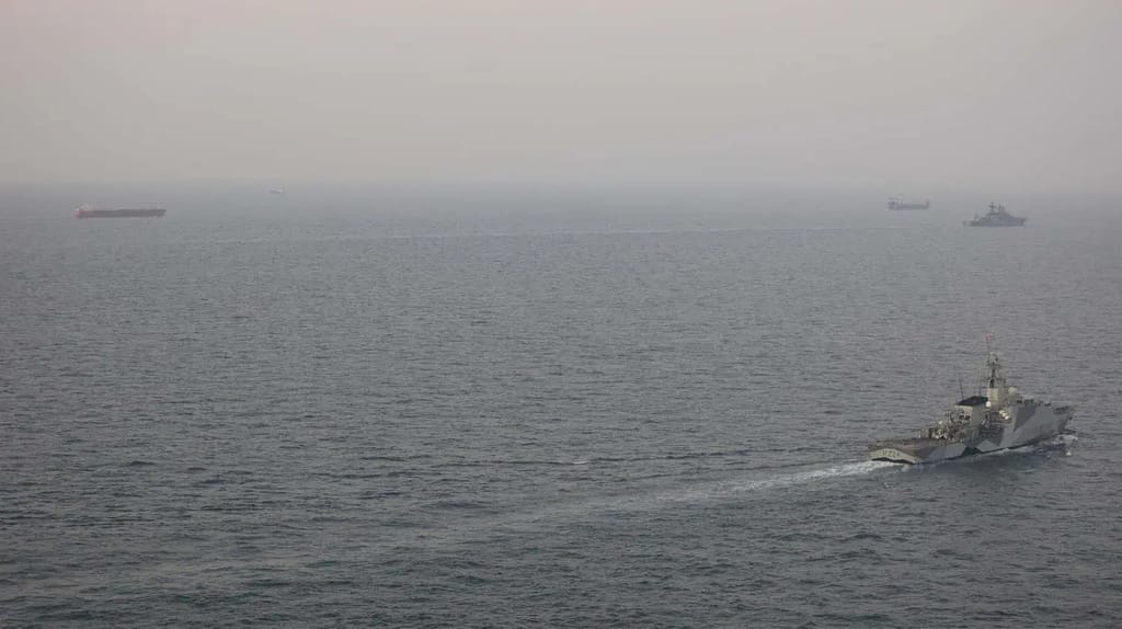 The Royal Navy escorts a guarded flotilla of Russian military cargo vessels in the English Channel, including the notorious Sparta, named in Dossier Center's report (Royal Navy file image)