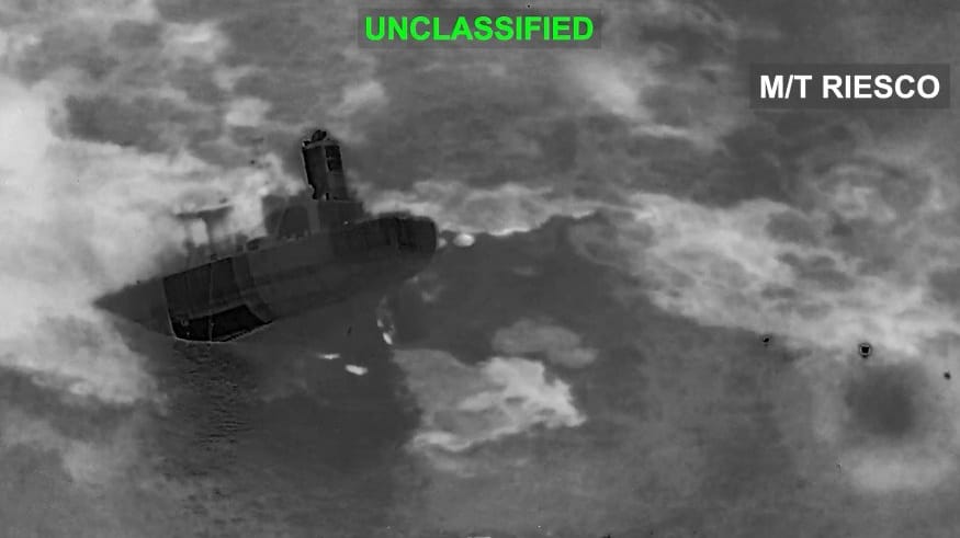 Iranian tanker sinking after being hit by US forces