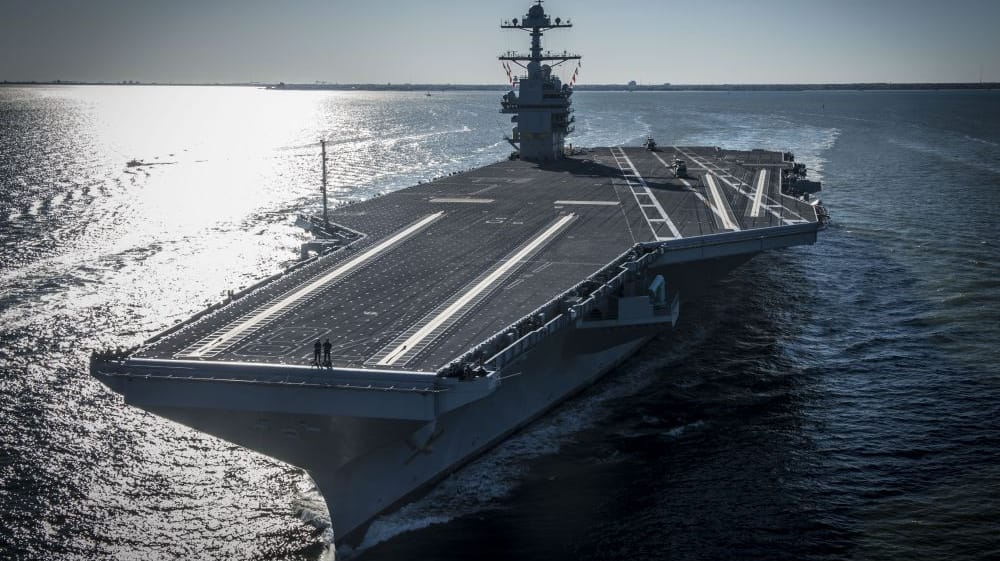 USS Gerald R. Ford's strikingly modern design: island aft, providing an unobstructed deck from amidships forward (USN file image)