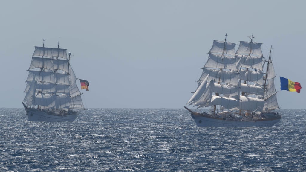 Gorch Fock (left) with Romanian sister ship Mircea (right) (USCG)