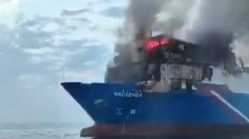Turkish vessel ablaze in the Black Sea