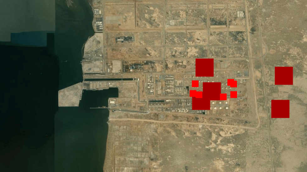 Infrared signatures at the Jazan plant from Monday (bright red) and Tuesday (dark red) (NASA FIRMS)