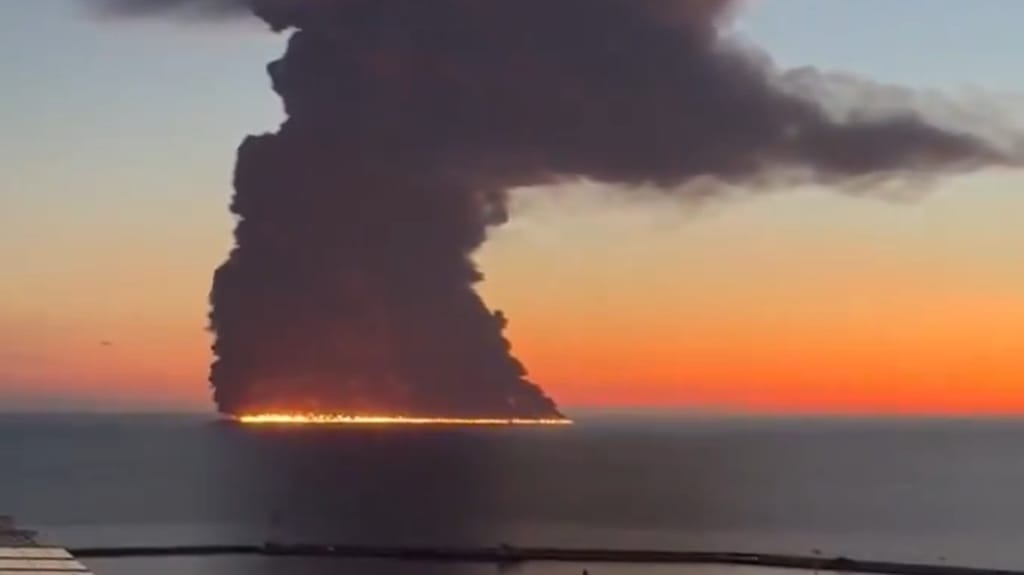 A burning slick spreads from the tanker Aframax Rio off Sochi, Oct. 6. The fire has since been extinguished  (Russian social media)