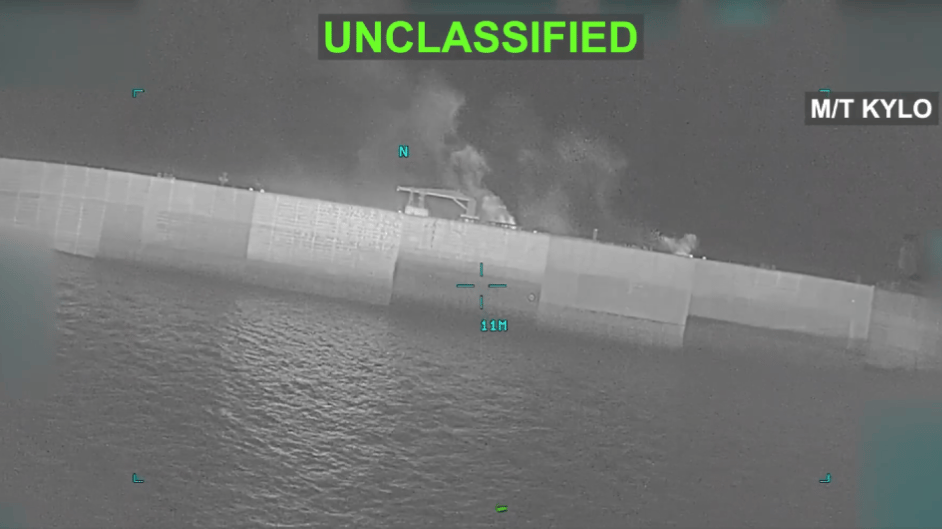 What appears to be a sea-level view of the tanker Kylo as it sinks (CENTCOM)