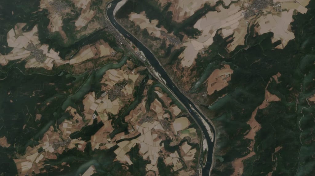 A handful of barges transit the Rhine near Kaub, Germany, July 30 (Copernicus / Sentinel-2)