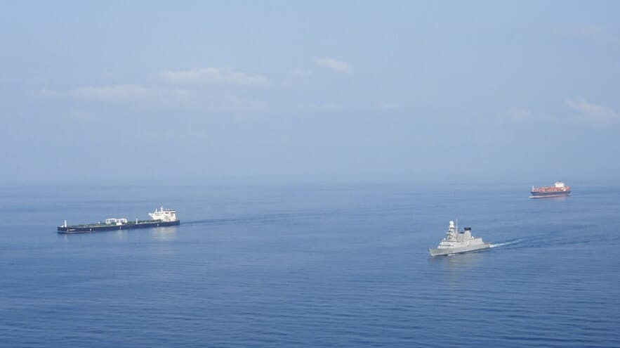A European warship escorts vessel traffic through the Red Sea, 2024 (Operation Aspides)