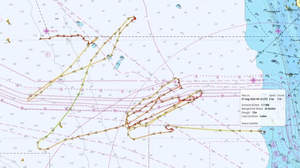 The vessel in question off Perth, WA (edited to remove identifying information / MarineTraffic / Subco)