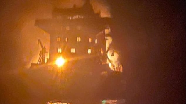 ship on fire attacked by Russian forces