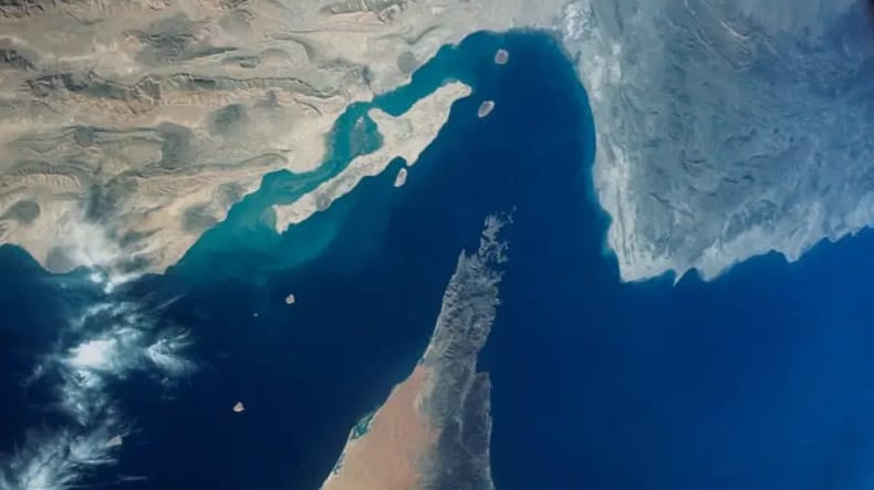 The strike occurred just east of the Musandam Peninsula, center, in Omani waters (NASA file image)