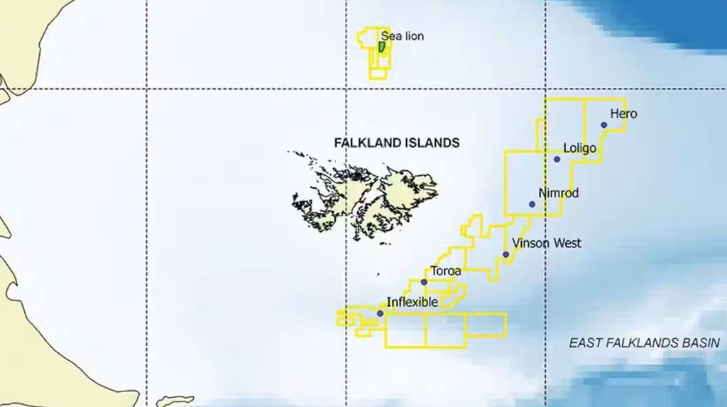 Map showing exploratory oil field (Sea Lion) in North Falklands Basin and exploratory oil wells in East Falklands Basin. Pensoft/Researchgate, CC BY-ND