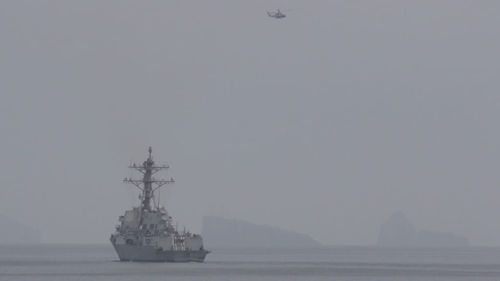 A U.S. Navy destroyer operates in Hormuz during the last reported American transit, April 2026 (USN)