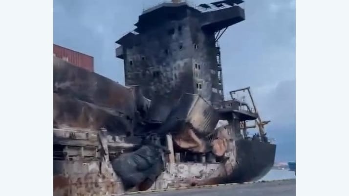 burnt out containership