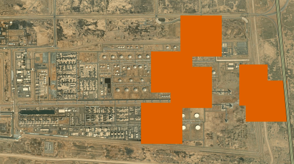 NASA FIRMS overlay showing unusual thermal signatures on the eastern half of the refinery mega-complex (NASA)