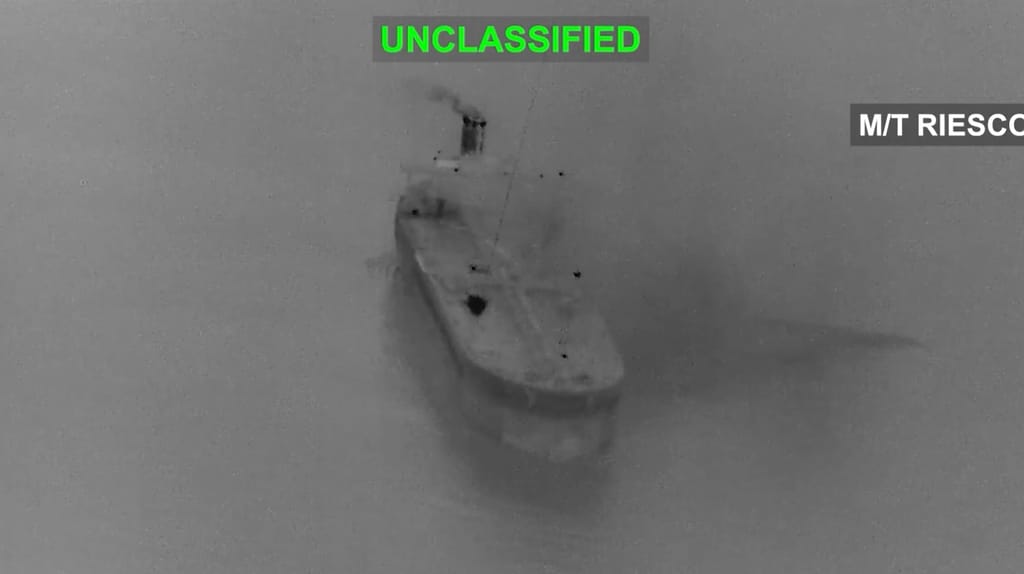 A bomb penetrates the deck of the tanker Riesco, Sept. 8 (CENTCOM)