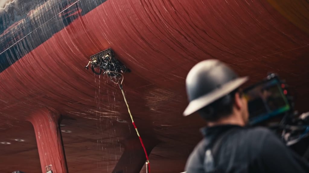 A team of Gecko engineers inspects the hull of a frigate with a robotic ultrasonic scanning device (file image courtesy Gecko)