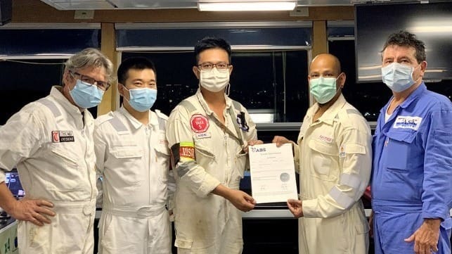 Left to right: Chief Engineer- Dariusz Bartnicki, Ship Manager- Yongtao Sun, the ABS Surveyor – Alex Ng, The Master – Captain Shangkar Kumar and The Tasik Subsea Superintendent Martin McGrath