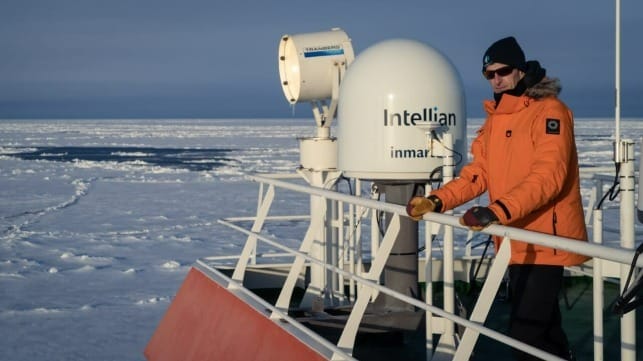 Dan Snow onboard the icebreaker Agulhas II, from where 'History Hit' used high-speed Fleet Xpress connectivity to broadcast the discovery of Antarctic explorer Sir Ernest Shackleton’s lost ship