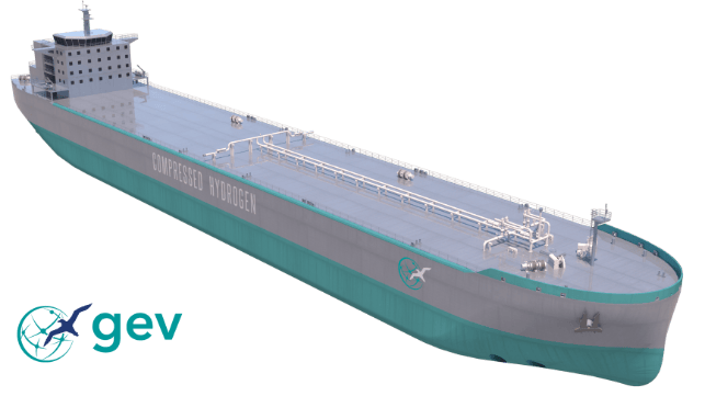 GEV’s pilot compressed hydrogen vessel features efficient Wärtsilä propulsion. The ship will advance the commercialisation of green hydrogen and support the industry’s decarbonisation efforts. © Global Energy Ventures (GEV)