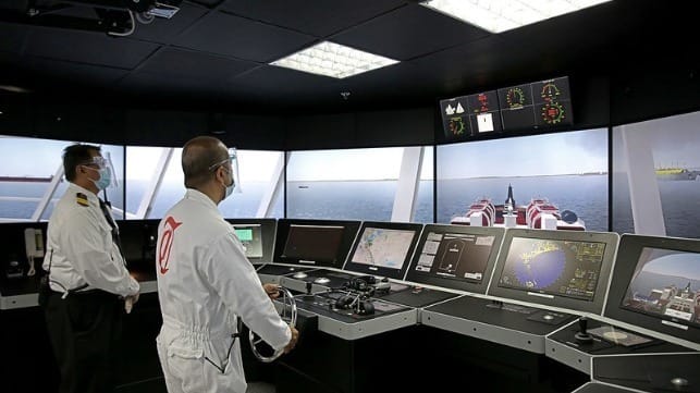 At the controls of Thome's new navigation bridge simulator