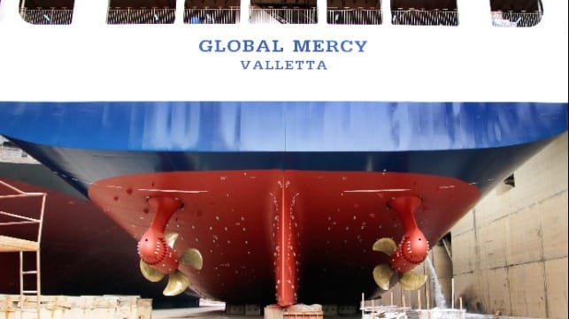 Twin 2.85-MW Azipod® units installed on Global Mercy. Image credit Stena RoRo