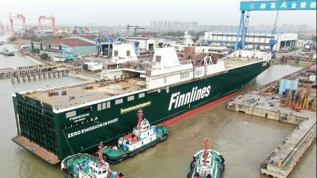 Finneco III, the third hybrid ro-ro vessel in a series, was launched in China on 22 November 2021. Picture: Finnlines Plc.