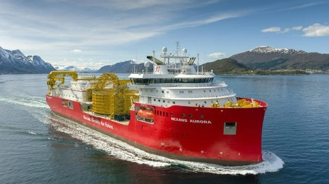 The Nexans Aurora pictured during sea trials this year in which the MissionEase system successfully carried out multiple boat launches. Photo: Per Eide Studio