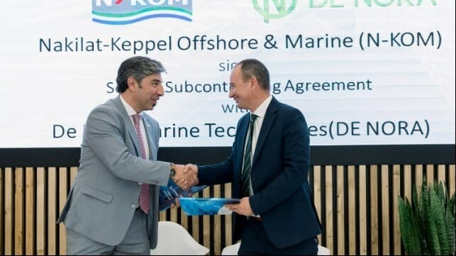Dimitrios Tsoulos, Regional Sales Manager EMEA, De Nora Marine Technologies, (R) is joined by Georgios Moutzourogeorgos, Chief Commercial &amp; Business Development Officer, NKOM, during the formal signing of the service subcontracting agreement with Nakilat-Keppel Offshore &amp; Marine (N-KOM), to expand service convenience for De Nora Ballast Water Management Systems (BWMS) installed on vessels trading in the Gulf region.