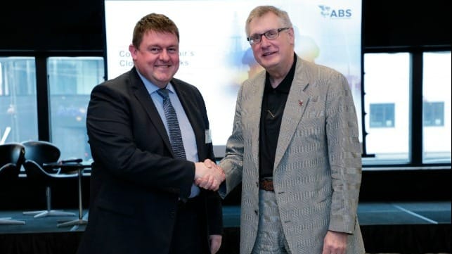 Geir Bjørkeli (right), CEO of Corvus Energy, and Elliott T. Smith, Director of Real Estate and Asset Management at the Port of Bellingham, at the announcement ceremony for the new Corvus Energy US manufacturing facility to build world-leading large-scale maritime battery energy storage systems.