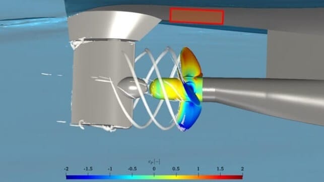Vibration in the hull directly above the propeller (red, above) is strongly correlated with underwater nose, and this was the study's area of focus (Schottel)