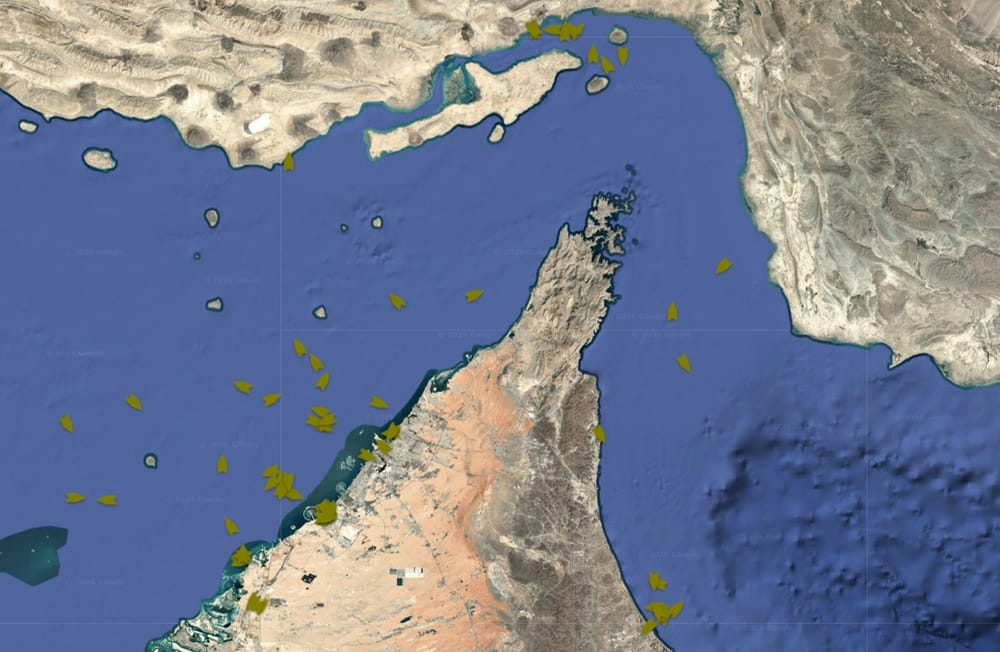 On AIS, container ships (brown) gathered in port or at anchorages in the Arabian Gulf early March 2; none were broadcasting in the Strait of Hormuz (Courtesy Pole Star Global)