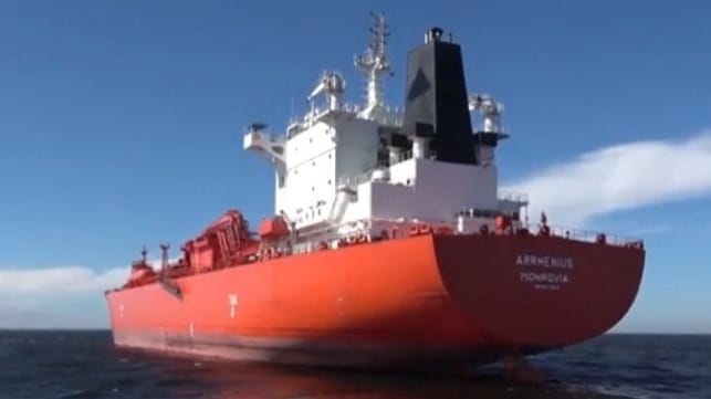 LPG tanker at anchor with mines discovered on its hull