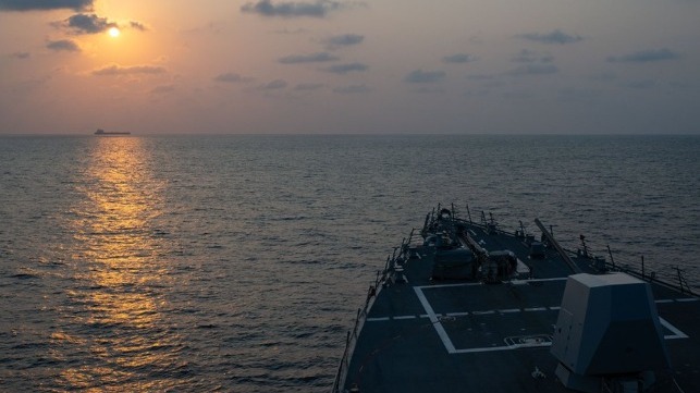 Destroyer USS Pinckney monitors traffic in the Gulf of Oman, May 2026 (USN)