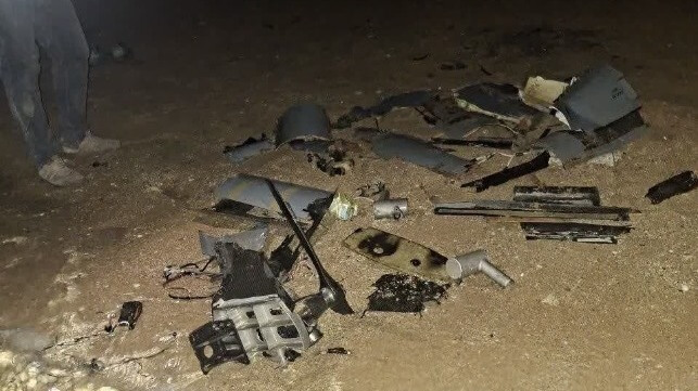 Claimed wreckage of the Orbiter drone on the beach at Qeshm Island (Tasnim)