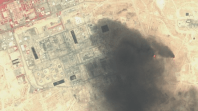Fire near the gigantic Saudi oil processing hub at Abqaiq after a concerted Iranian strike campaign (Copernicus)