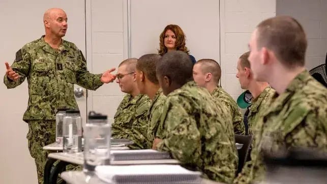 Then-VCNO Adm. James Kilby visits a Future Sailor Preparatory Course classroom, 2024 (USN file image)