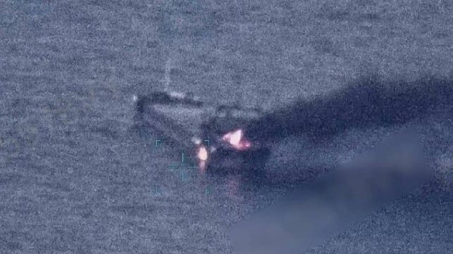 cargo ship on fire after drone strike
