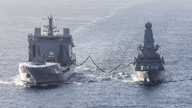 HMS Dragon refueling under way in the Med, March 2026 (Royal Navy)