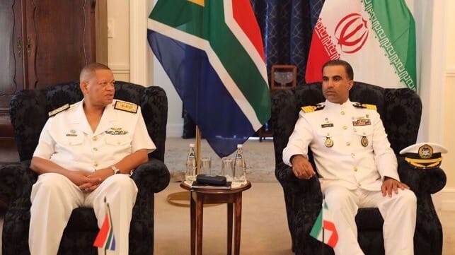 Vice Admiral Monde Lobese and Captain Emad Nejad Moridi, Commander Nedaja 103rd Flotilla discuss the week’s events (Press TV)