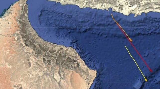 Sonia I, Diona and Hero2 (orange, yellow and red, respectively) exit the Gulf of Oman past the American blockade line (Pole Star Global)
