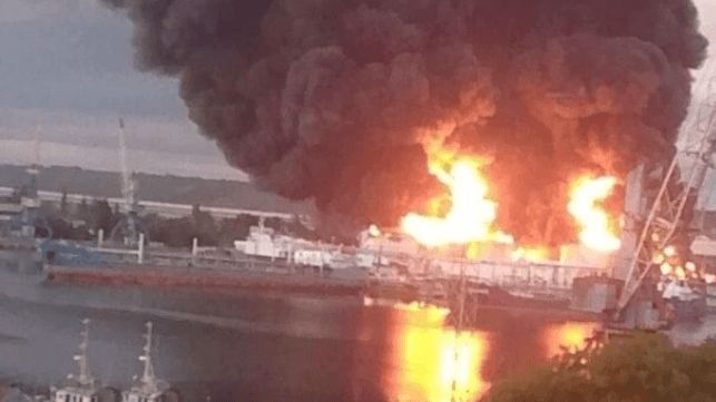 Fuel tanks ablaze at Kerch, occupied Crimea, June 2026 (Russian social media)