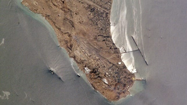 Oil slicks emanate from the terminal complex at Kharg Island (file image courtesy NASA)