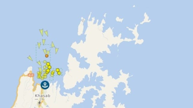 Vessels at anchor off Khasab, at the north end of the Musandam Peninsula (VesselFinder)